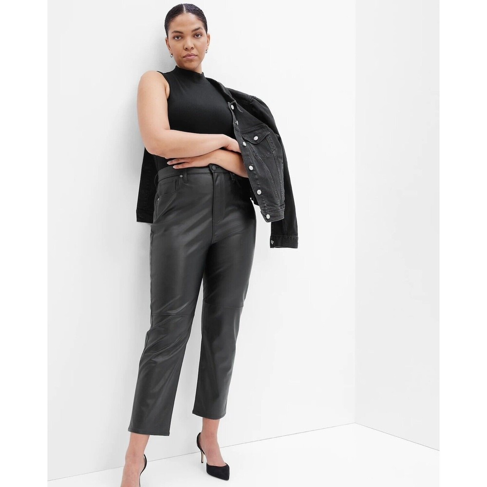 GapPants Womens 35‎ PLUS Cheeky Straight Sky High Vegan Leather Black Ankle Crop